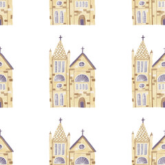Watercolor seamless pattern of church. Hand-drawn illustration isolated on the white background.