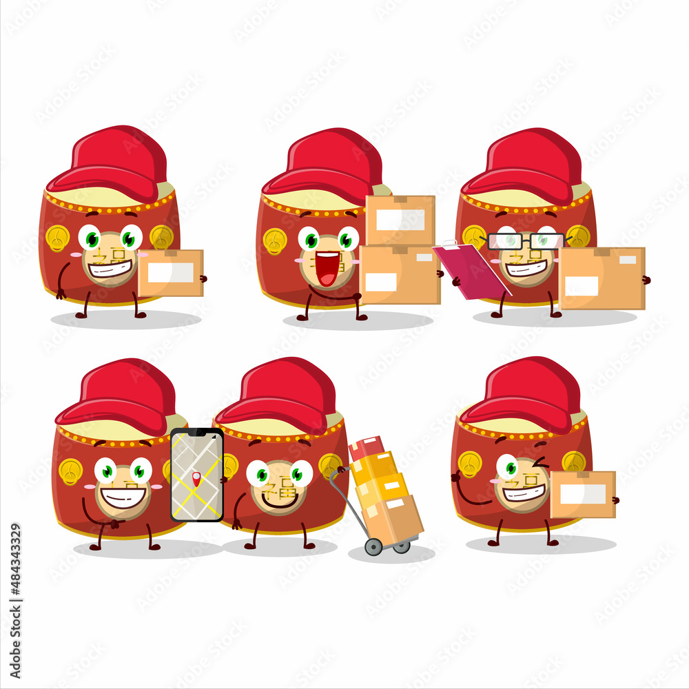 Wall mural cartoon character design of red chinese drum working as a courier