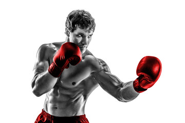 Studio shot of silhouette boxer who training, practicing uppercut on white background. Red gloves  - obrazy, fototapety, plakaty