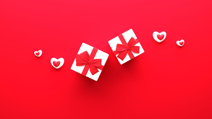 Top View Of 3D Gift Boxes With Hearts On Red Background.