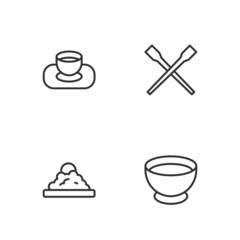 Set line Soy sauce in bowl, Rice, and Food chopsticks icon. Vector
