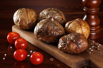 Whole baked potato tubers on a cutting board. Nearby are tomatoes and a wooden pepper mill....