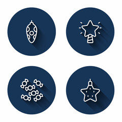 Set line Christmas toy, star, Candy and with long shadow. Blue circle button. Vector