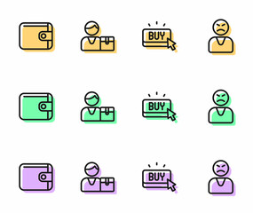 Set line Buy button, Wallet, Buyer and Angry customer icon. Vector