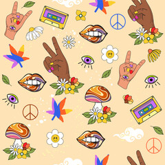Colorful retro style 70s floral, hands, mushrooms and hippie items seamless pattern. Perfect for t-shirt design, wallpaper, fabric, cards