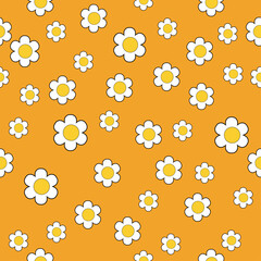White chamomile in retro style 70s floral seamless pattern on an orange background. Perfect for t-shirt design, wallpaper, fabric, cards
