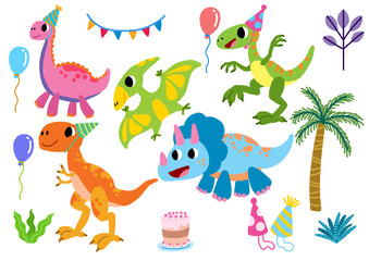 Set cute dinosaur partying on white background