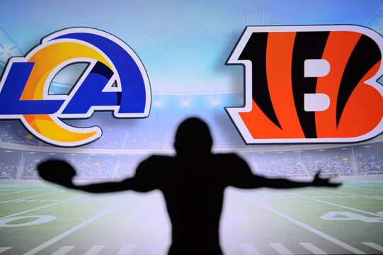 INGELWOOD, CALIFORNIA, UNITED STATES, 2. FEBRUARY: Super Bowl LVI, the 56-th Super Bowl 2022. Los Angeles Rams vs. Cincinnati Bengals. NFL Final, American football, silhouette of NFL Player open Arms