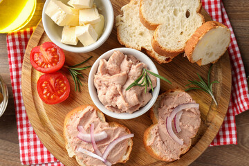 Concept of tasty food with pate sandwiches, top view