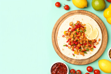 Concept of tasty food with taco on mint background