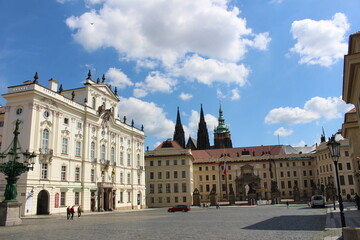 Palace in detail with Prague main gate entrance without people,  summer day