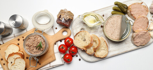 Concept of cooking pate sandwiches on white background, top view