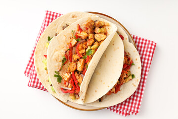Concept of tasty food with taco on white background