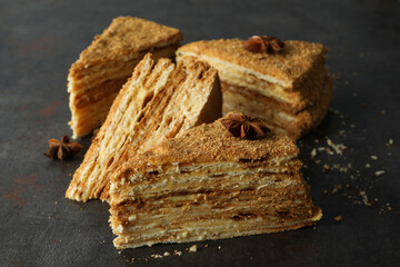 Pieces of honey cake on dark textured background