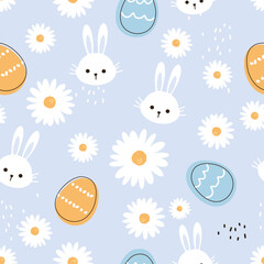 Obraz na płótnie Canvas Seamless pattern with rabbit cartoons, daisy flower and Easter eggs on blue background vector illustration. Nursery wall decoration.