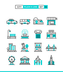 City, transportation, culture, shopping and more.icons