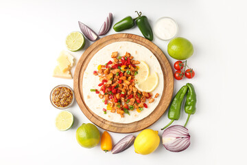 Concept of tasty food with taco on white background