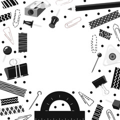 Obraz premium Decorative Rectangular frame with Black and white stationery. Back to school, office work. Space for text. Clip, adhesive tape, pin, needle, eraser, pencil. Vector illustration.