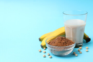 Concept of sports nutrition on blue background