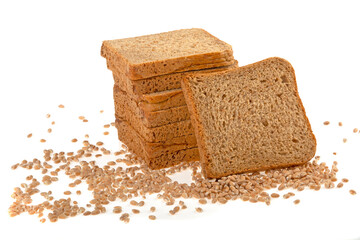rye bread slices and grains isolated on white background