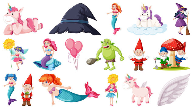 Set of fantasy fairy tale characters and elements