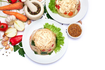 Delicious chicken aspic on a plate isolated on white background