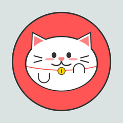 White cat lucky or maneki-neko in red circle cartoon character flat vector icon design.