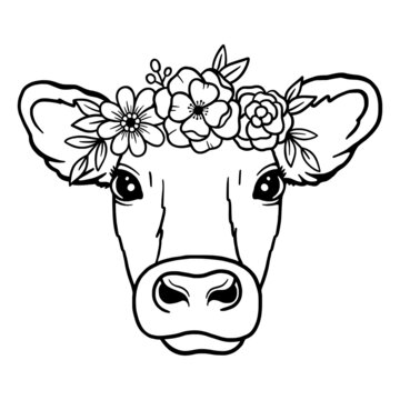 Cow head wreath of flowers. Crown of flowers. Outline cow head vector. Cow Logo. Farm Animal. Vector illustration isolated on white background.