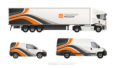Side view vector Van, Truck trailer, Delivery Car mockup set with stripes design for branding and corporate identity company. Abstract graphics on transport with business background. Isolated on white