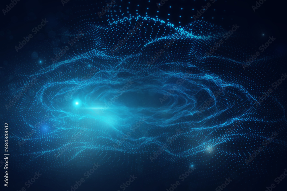 Aufkleber Abstract digital blue wave interface on blurry backdrop. Technology and AI concept. 3D Rendering.