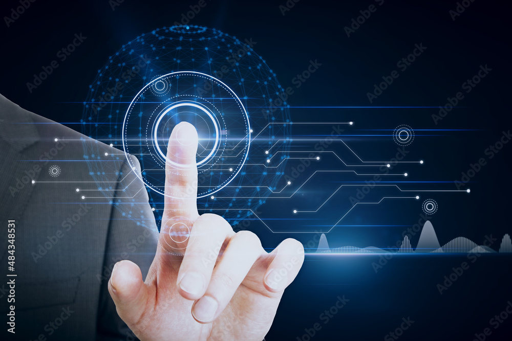Poster close up of male hand pointing at abstract glowing polygonal sphere and digital business interface o