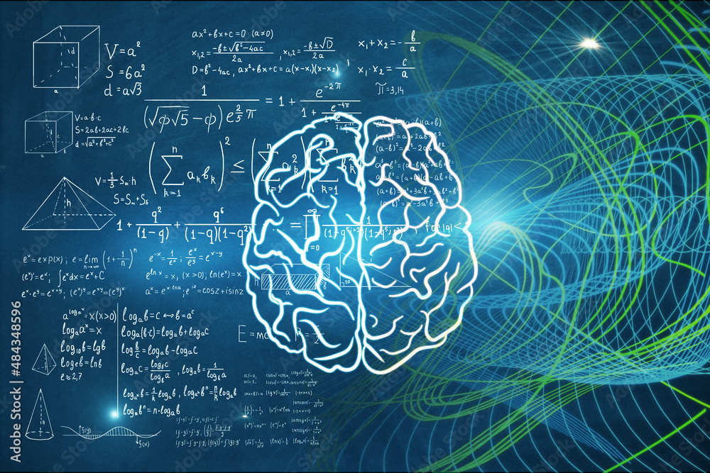 Fototapete Abstract colorful brain backdrop with mathematical formulas. Mind concept. 3D Rendering.