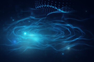 Abstract digital blue wave interface on blurry backdrop. Technology and AI concept. 3D Rendering.