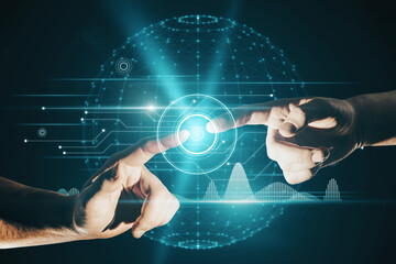 Close up of businessmen hands pointing at abstract glowing polygonal sphere and digital business interface on blurry blue background. Future, innovation and technology concept. Double exposure.