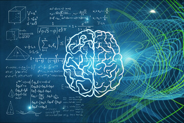 Abstract colorful brain backdrop with mathematical formulas. Mind concept. 3D Rendering. - obrazy, fototapety, plakaty