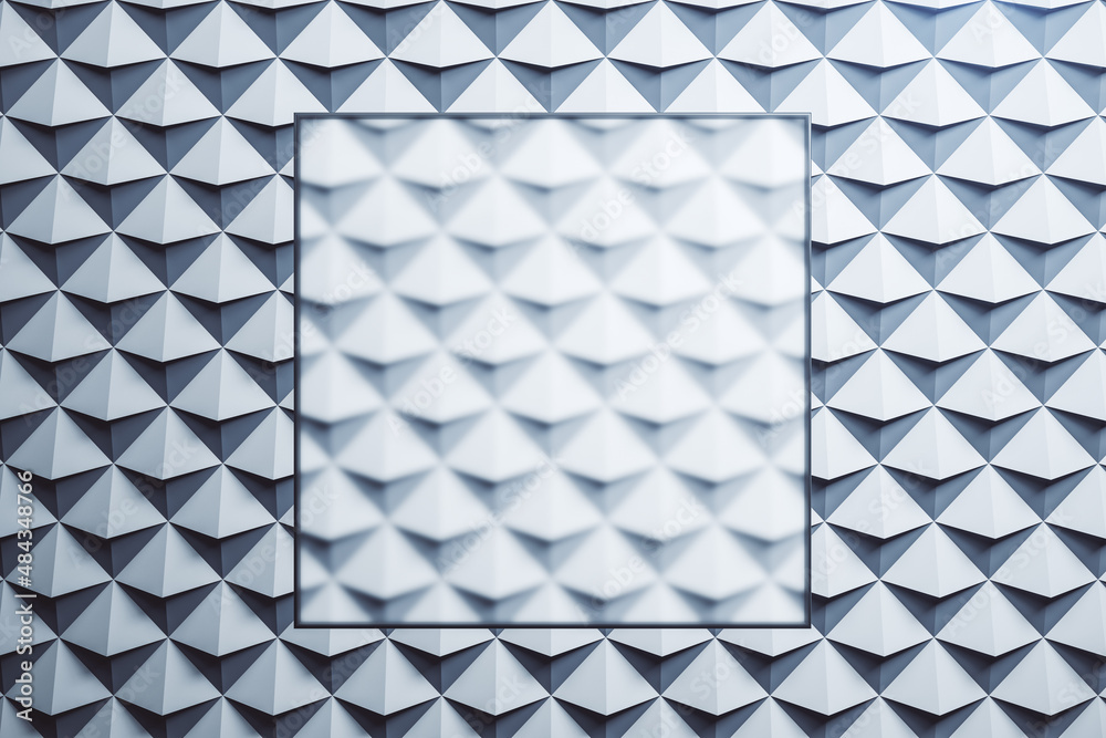 Poster Blank transparent glass poster on abstract gray triangular background. Technology and geometry concept. Mock up, 3D Rendering.