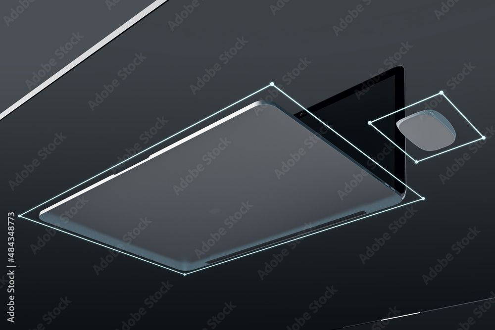 Poster Bottom view of abstract transparent designer desktop with laptop, computer mouse and mock up place. Workplace and design concept. 3D Rendering.