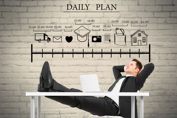 Attractive young european businessman relaxing at desk with abstract daily planner scale on white...