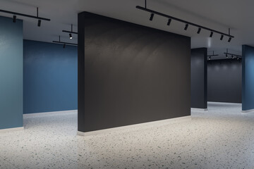 Modern concrete exhibition hall interior with mock up place on wall. Art and museum concept. 3D Rendering.