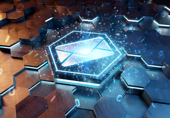 Email icon concept engraved on hexagonal pedestral background. Mail Logo glowing on abstract digital surface. 3d rendering