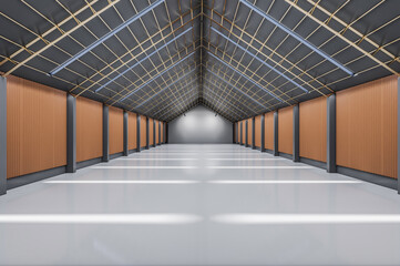 Obraz premium Minimalistic concrete hangar interior. Storehouse and warehouse concept. 3D Rendering.