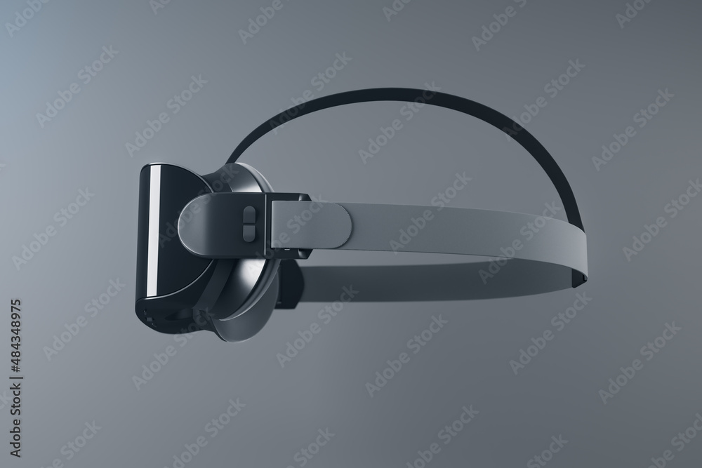 Poster close up of vr glasses on gray background. virtual reality and digital entertainment concept. 3d ren