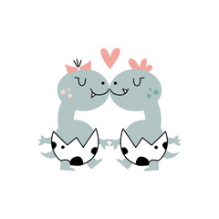 Valentine pair of baby diplodocus girl and boy are kissing.
