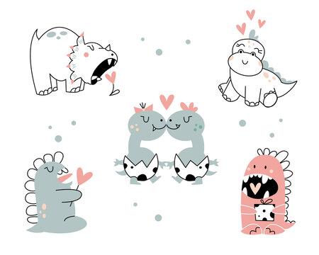 Valentine set of 5 different types of cute baby dinosaurs.