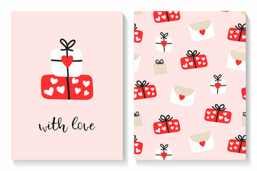 Fototapeta na wymiar Set of Valentines card and seamless pattern with cute gifts and letters