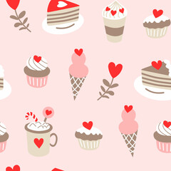 Seamless Valentines pattern with cute cupcake, cake, ice cream, flower