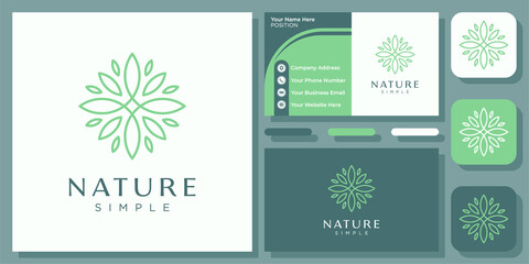 Fototapeta na wymiar Leaf Nature Decoration Simple Outline Flower Spa Yoga Health Vector Logo Design with Business Card