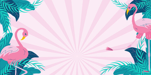 Summer banner with tropical leaves and flamingos on a pink background with space for text.Green leaves and pink bird. Flat vector horizontal illustration © Анжелика Полтавец
