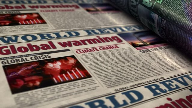 Global warming, climate change, ecology crisis and environment disaster daily newspaper report roll printing. Abstract concept 3d rendering seamless looped animation.