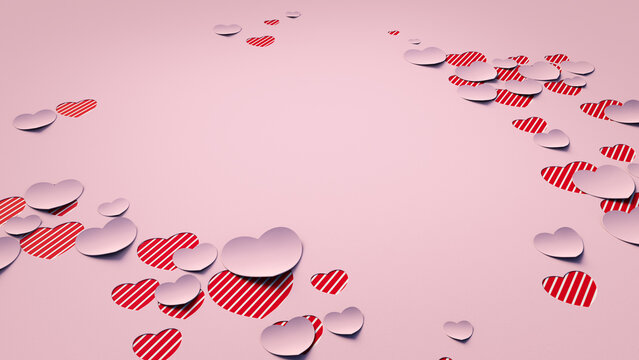 Paper Heart background with copy space. Pink and Red striped Valentine Wallpaper with cut-out love hearts. 
